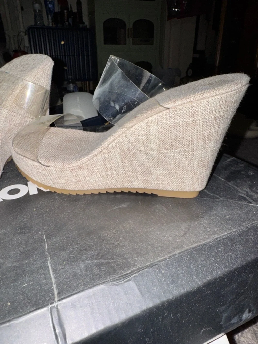 Clear Strap Beige Wedge Slide Sandals - Picture 2 of 4